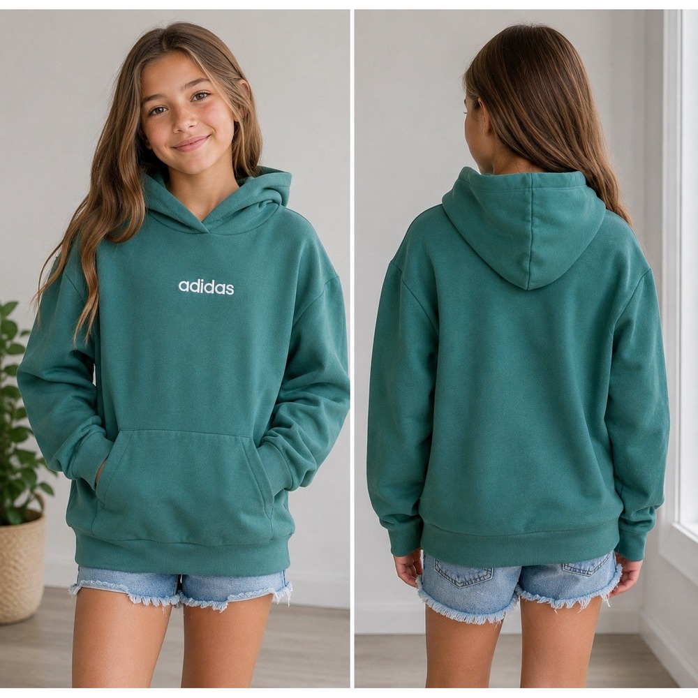 Adidas Hoodie Girls XL Teal Loose Fit Embroidered Logo Sweatshirt Athleisure